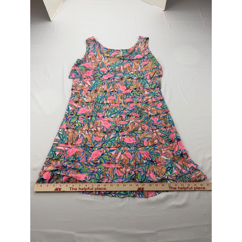 Bulu-Lulu Ruffle Tiered Dress Womens Large Pink Flamingo Tropical Sleeveless - Picture 9 of 12